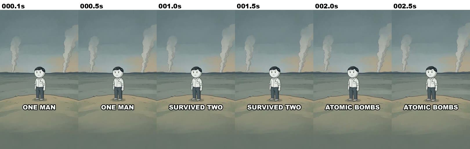 Six frames from the first three seconds of the Short: a cartoon man standing alone in a grey landscape with two smoke plumes, captioned ONE MAN, SURVIVED TWO, ATOMIC BOMBS.