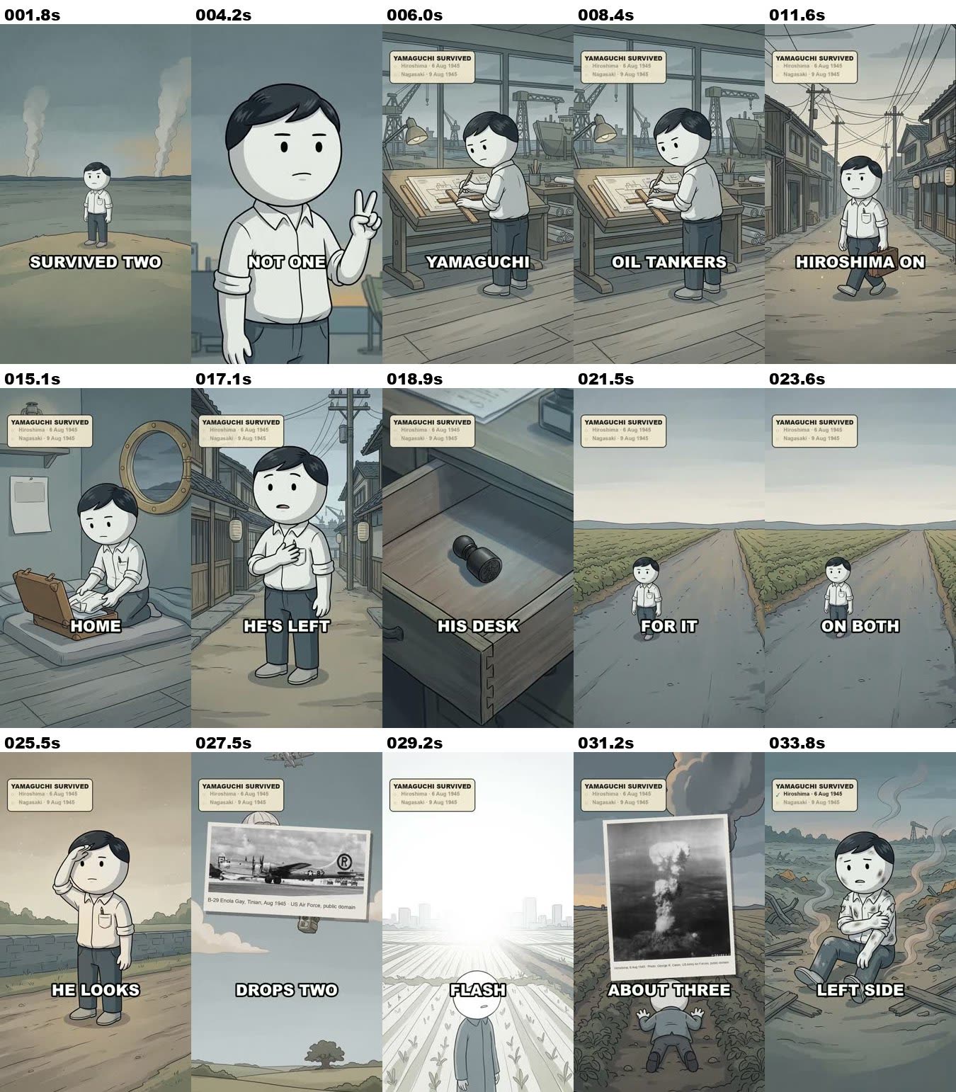 A grid of 15 labelled frames from the Short's first 35 seconds: a man at a drafting table, walking a street, a desk drawer with a name stamp, a field road, a B-29 photo, a white flash, a mushroom cloud photo, and the man injured.